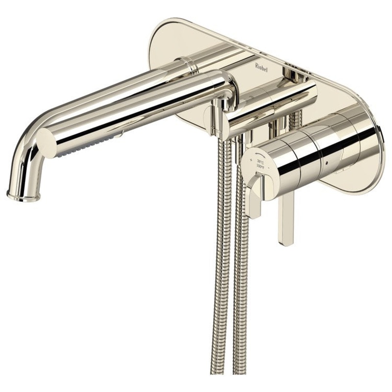 Tub Filler Trim Momenti 2 Lever Brushed Gold ADA 8 Inch Spread Wall Mount 10 Gallons per Minute