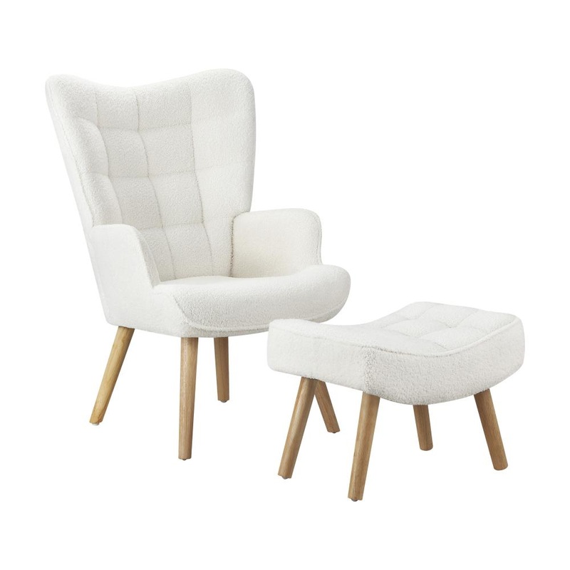 Armchair with Footstool Sherpa White