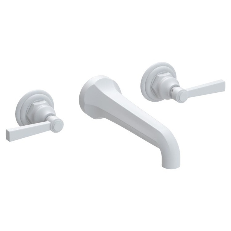 Lavatory Faucet Astor Wall Mount 8 Inch Spread 2 Lever ADA Watersense Matte White 1.2 Gallons Per Minute Brass Less Drain Spout Reach 7-1/2 Inch