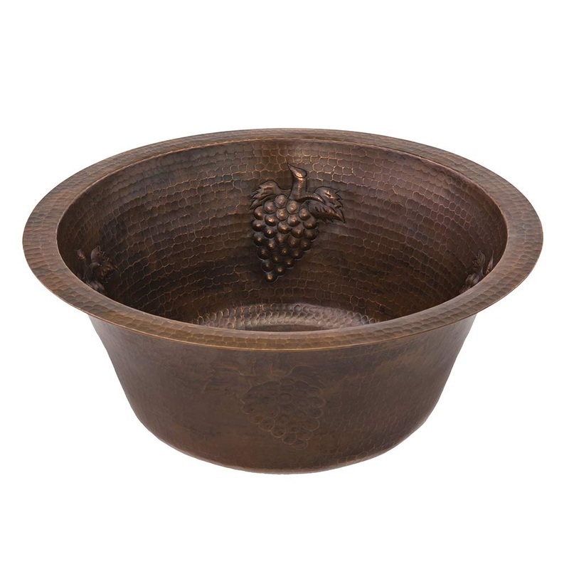Premier Copper Products BR16GDB2 16-Inch Universal Round Hammered Copper with Grapes Bar Sink and 2-Inch Drain Size, Oil Rubbed Bronze