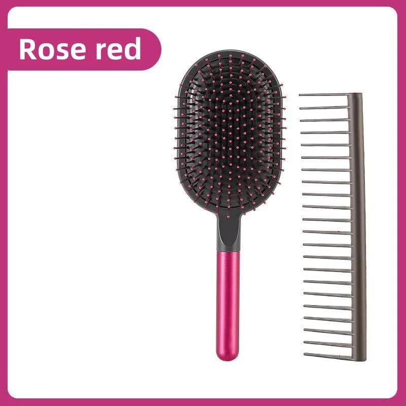 Rose Red Air Cushion Massage Paddle Brush & Wide Tooth Comb Set – Gentle Detangling for All Hair Types