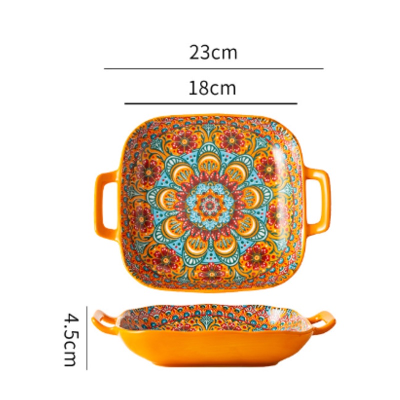 Archaeopteryx 9-Inch Bohemian Ceramic Double-Handled Square Plate