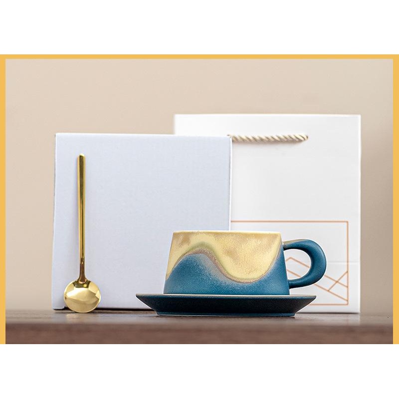 Artistic Ceramic Coffee Cup & Saucer Set with Spoon – Gradient Glaze, 240ml, Gift Boxed(Blue)