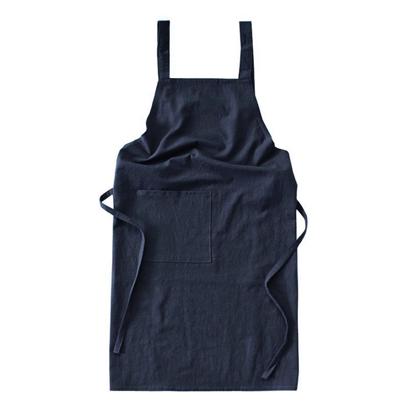 Navy Blue Cotton Linen H-Back Apron – Solid Color Kitchen Cooking Apron with Pocket