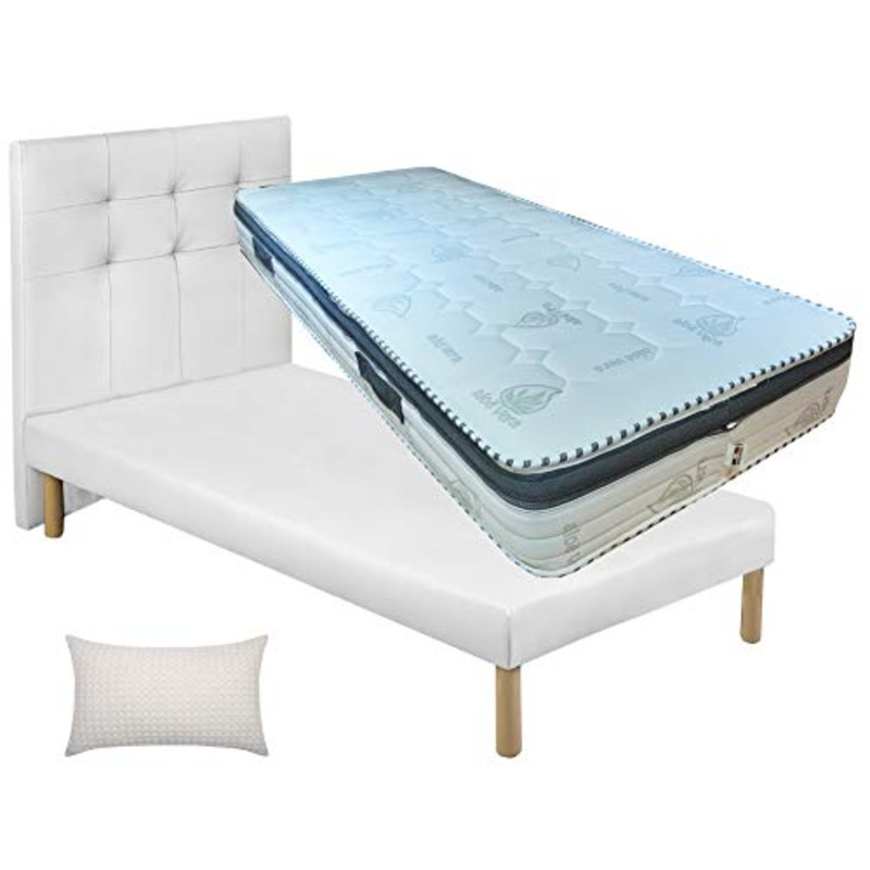 SARDAMATERASSI Letto singolo senza contenitore in similpelle bianco, elegante + rete a doghe in legno di faggio + materasso memory 22 cm sfoderabile + guanciale in fibra 3D
