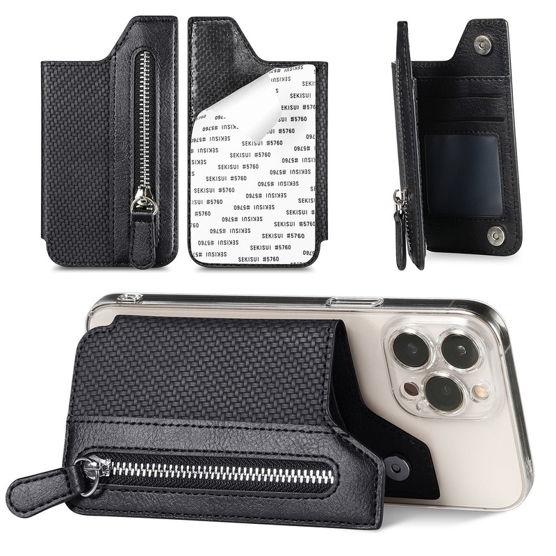 2 Pcs Black Multifunction Stick-On Phone Wallet – PU Leather Card Holder with Zipper & Flip Cover