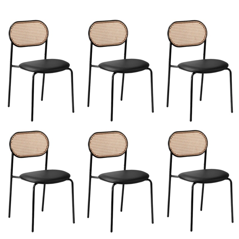 6PCS Dining Chair Rattan Furniture PU Leather Black