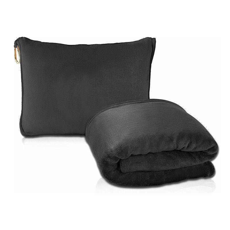 Black 2-in-1 Plush Travel Blanket & Pillow Set – Soft Flannel with Luggage Strap & Carabiner (50x60in)