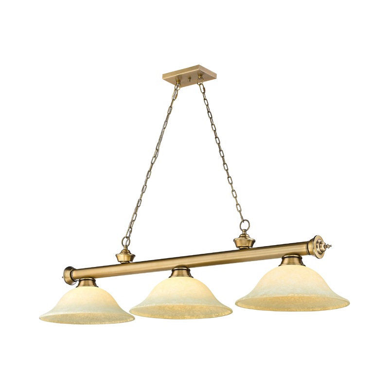 Cordon 3-Light Billiard Rubbed Brass Bell Golden Mottle Glass