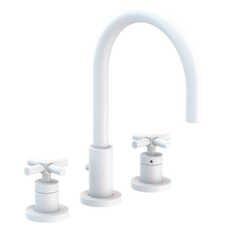 East Linear Two Handle Widespread Bathroom Faucet with Cross Handles with Drain – Matte White