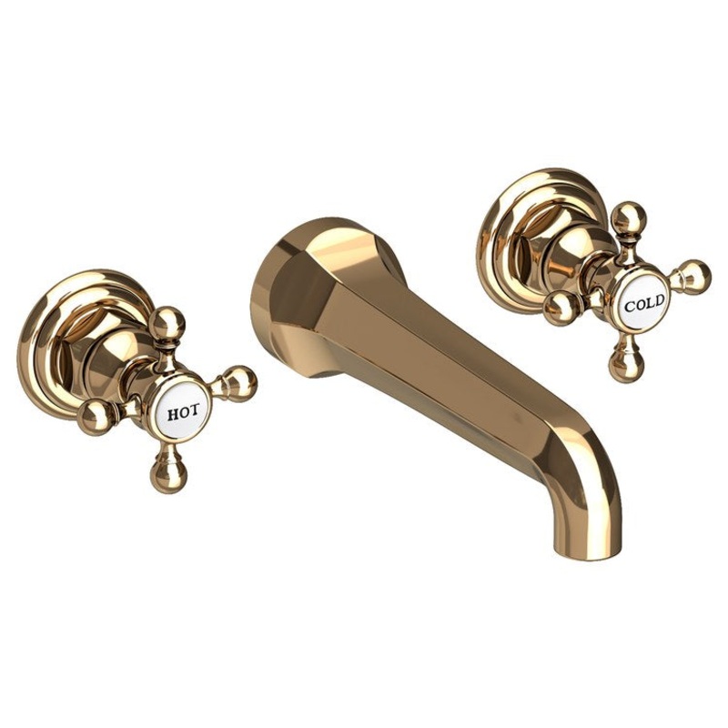 Lavatory Faucet Astor Wall Mount 8 Inch Spread 2 Cross ADA Watersense French Gold PVD 1.2 Gallons Per Minute Brass Less Drain Spout Reach 7-1/2 Inch