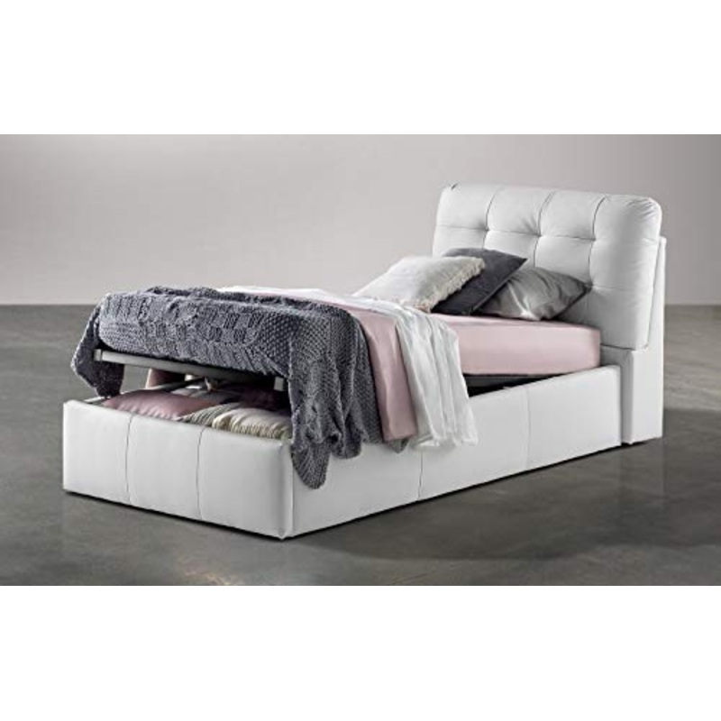 Similpelle bianco Letto singolo con contenitore. cm. 100 x 222 x 105h (Serie: Dafne-Letti-ST5)