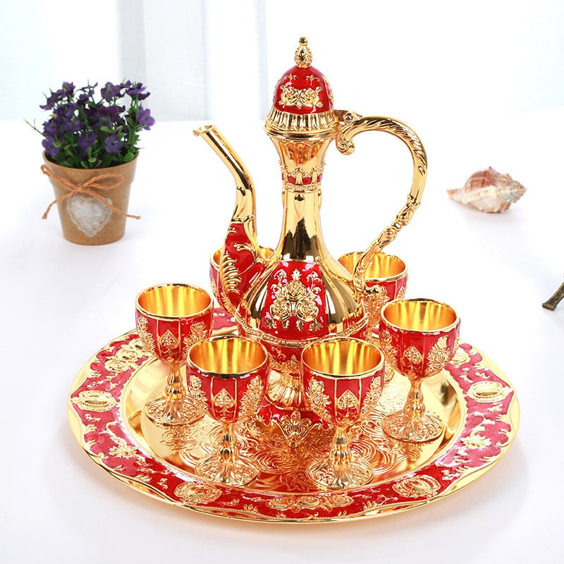 Vintage Palace Style Liquor Serving Set – Metal Pot, 6 Cups & Tray (Golden Red)