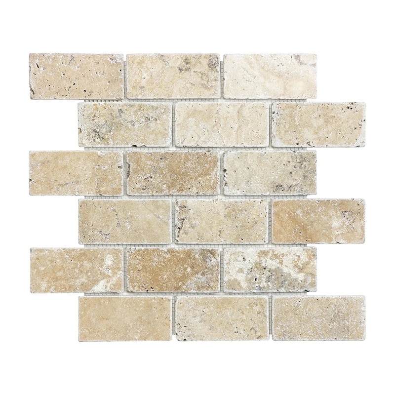2″ x 4″ Picasso Tumbled Travertine Natural Stone Brick Mosaics 1 Sheet = Sq. Ft. (76-125) 2″ x 4″