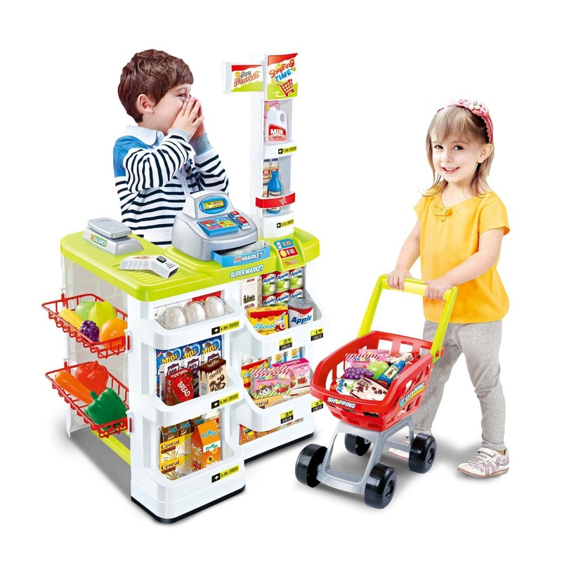 Children’s Home Supermarket w/ Toy Cash Register, Trolly, Fruit & More