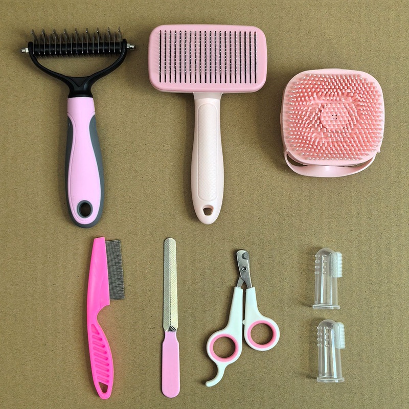 Pink 8-Piece Pet Grooming Tool Set – Brushes, Nail Clippers & More
