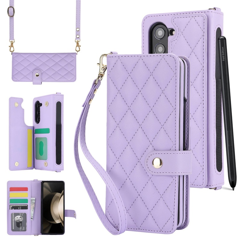 Purple Galaxy Z Fold3 Multi-Functional Leather Wallet Case for Samsung Z Fold Series – Crossbody with Pen Slot, Quilted Design