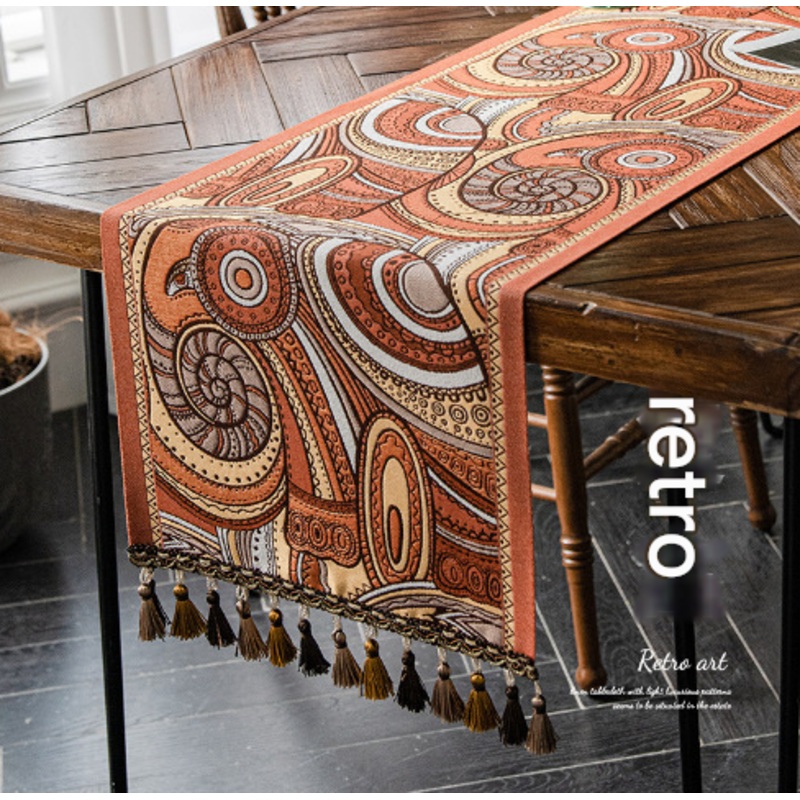 Retro American Retro Jacquard Embroidered Table Runner – Light Luxury Table Mat 30cm x 180cm with Tassels