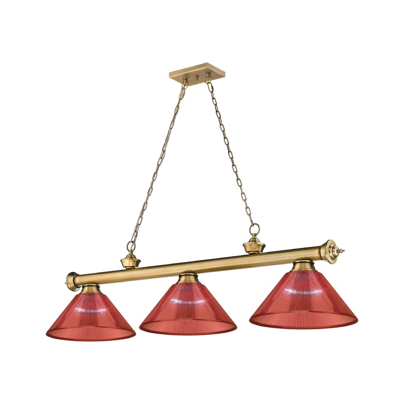 Cordon 3-Light Billiard Rubbed Brass Cone Burgundy Acrylic