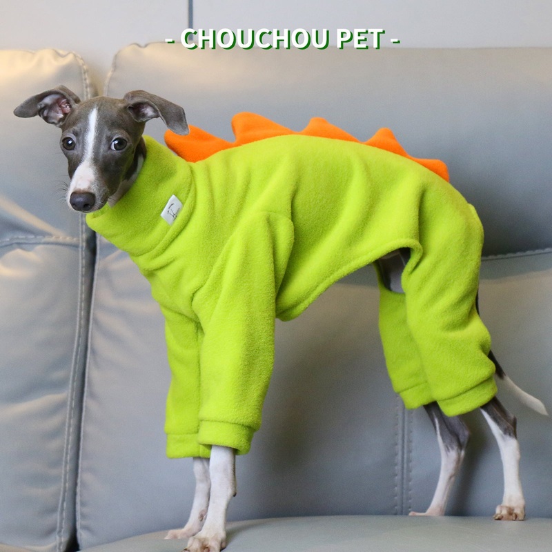 M Adorable Dinosaur Fleece Dog Jumpsuit – Warm Winter Pajamas for Whippets & Italian Greyhounds