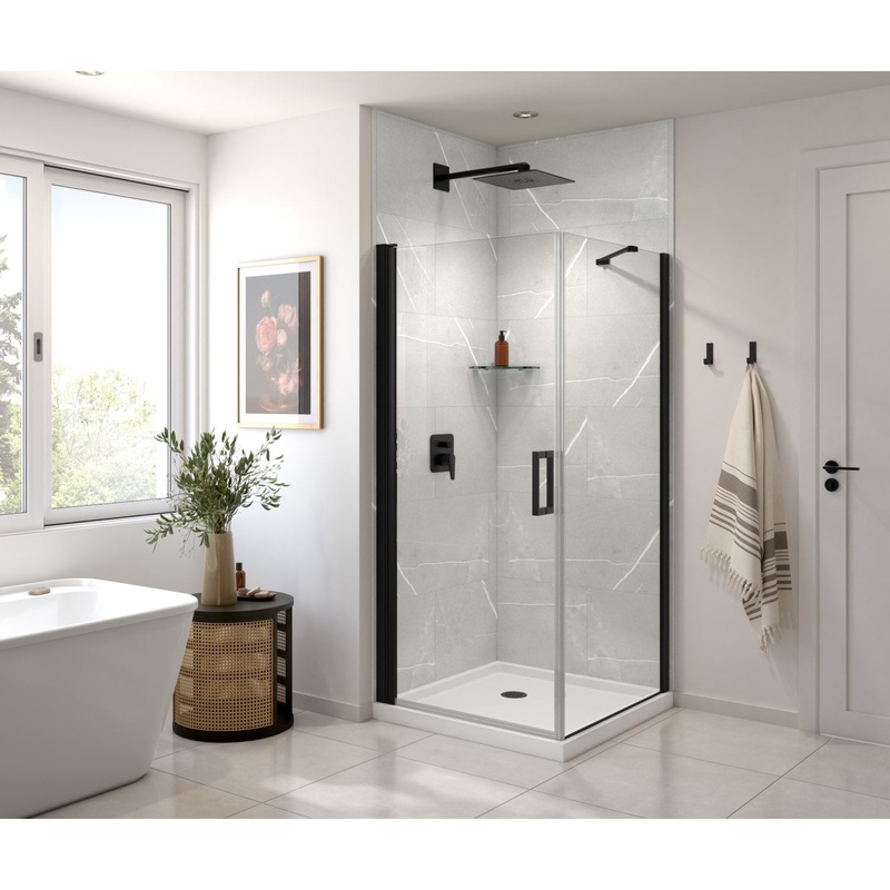 MAAX 135230-900-340-101 Manhattan Square 36 x 36 x 72 in. 6mm Pivot Shower Door for Corner Installation with Clear glass & Square Handle in Matte Black