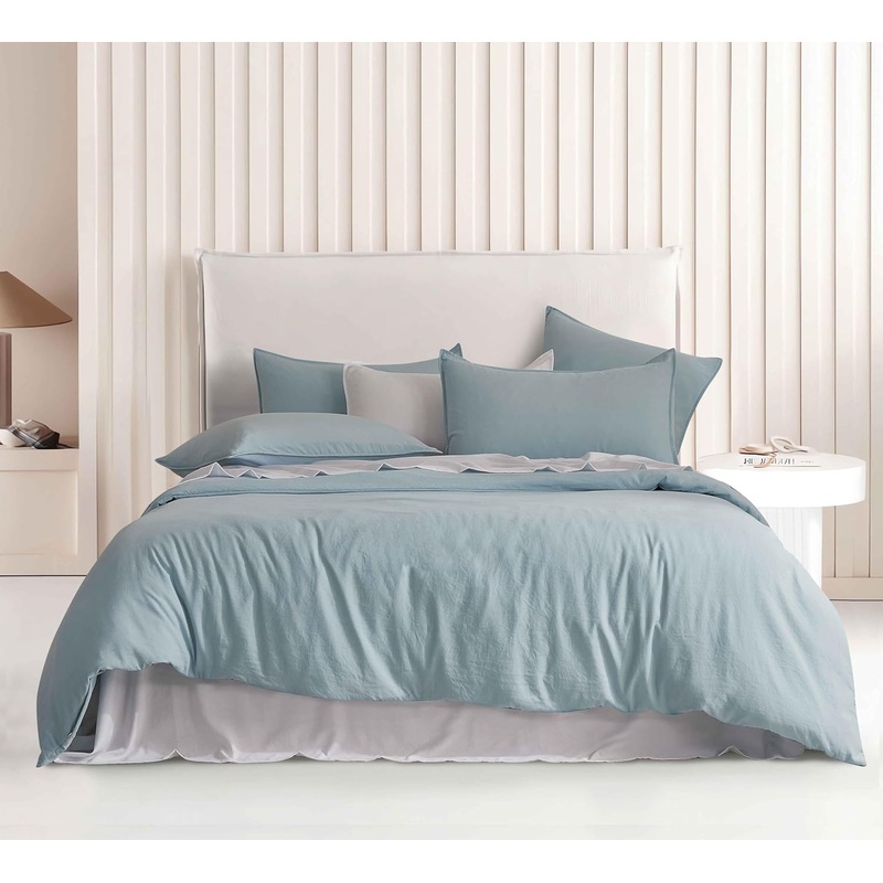Vintage Washed Microfibre Quilt Cover Set (Blue, Single)