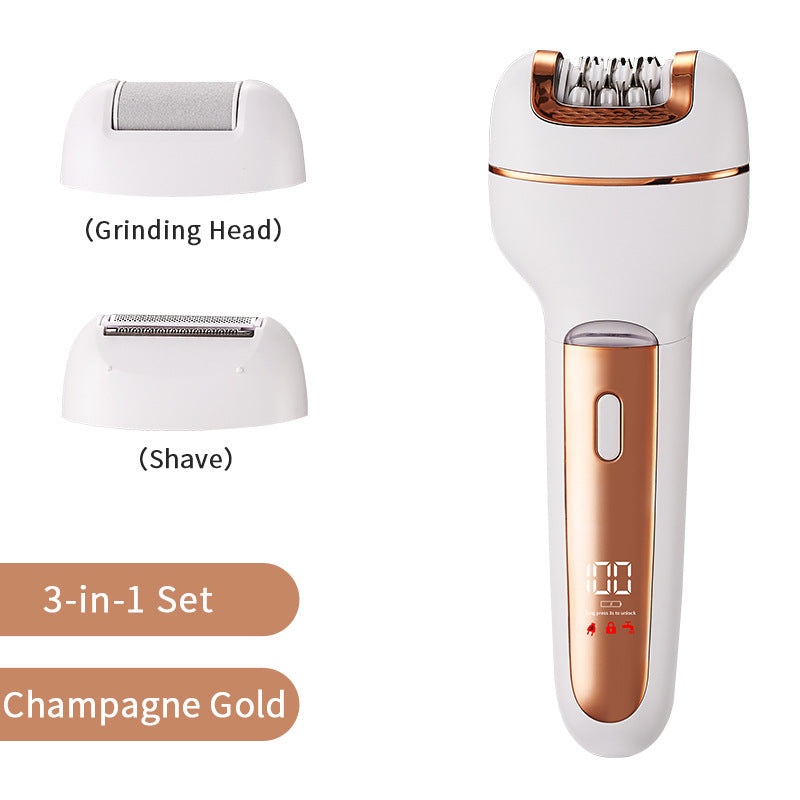3-in-1 Ladies Electric Epilator, Shaver & Callus Remover with LED Display – Rechargeable & Waterproof(Gold)