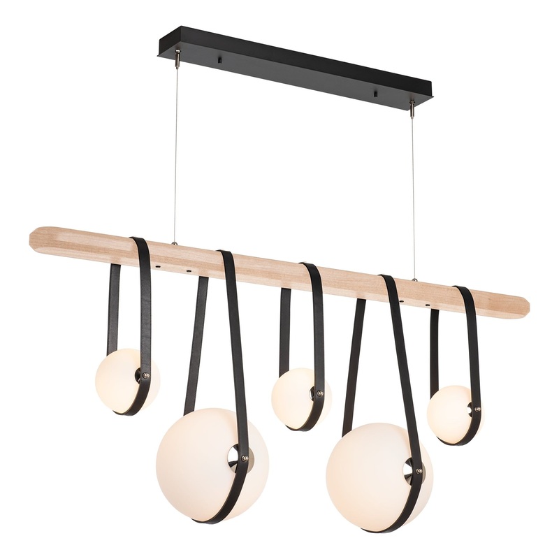 Derby Linear 5-Light LED Pendant Black Antique Brass with Black Leather Maple Wood