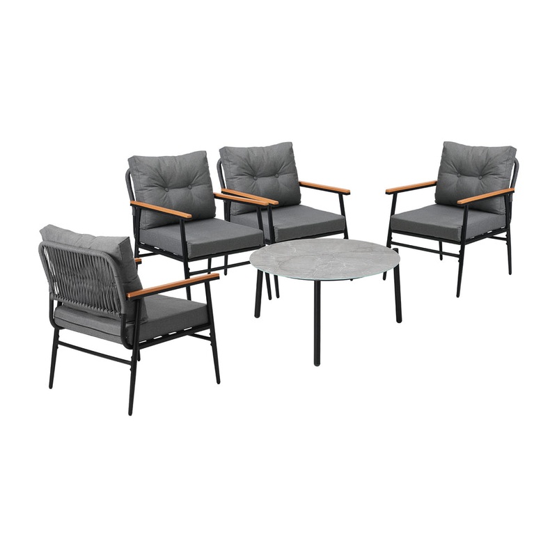Livsip 5pc Outdoor Patio Setting 70cm Table Grey and Black Armchairs