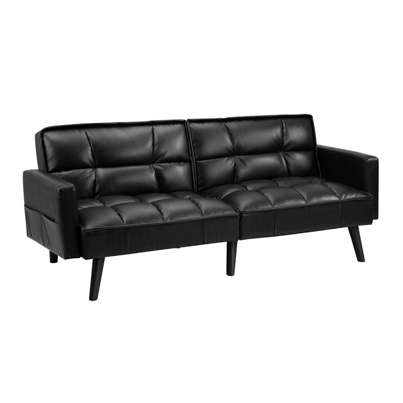Sofa Bed Futon Convertible Leather 3-Seater Black