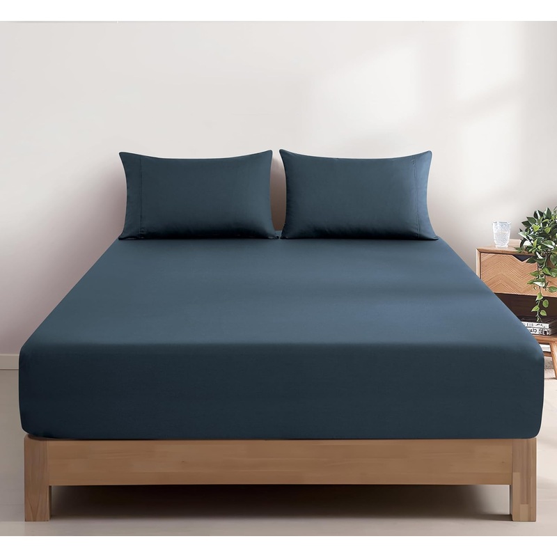 100% Vintage Washed Cotton Fitted Sheet Combo Set  100% Natural Cotton, Ultra Soft & Breathable  Includes Fitted Sheet & Pillowcases  Machine Washable (Indigo, Single)
