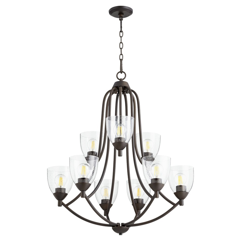 Nine Light Chandelier from the Barkley Collection in Oiled Bronze w/ Clear/Seeded Finish by Quorum