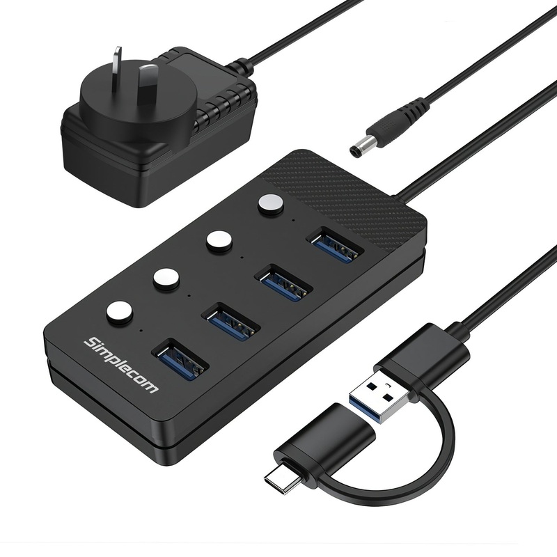 Simplecom CH345C SuperSpeed USB-A and USB-C to 4-Port USB 3.0 Hub 5Gbps Individual Switches and Power Adapter