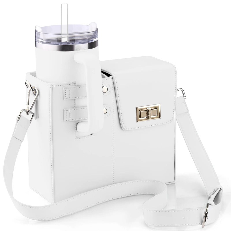 White Portable Insulated Water Bottle Carrier Bag with Adjustable Shoulder Strap – Crossbody Drink Holder for Outdoor Activities