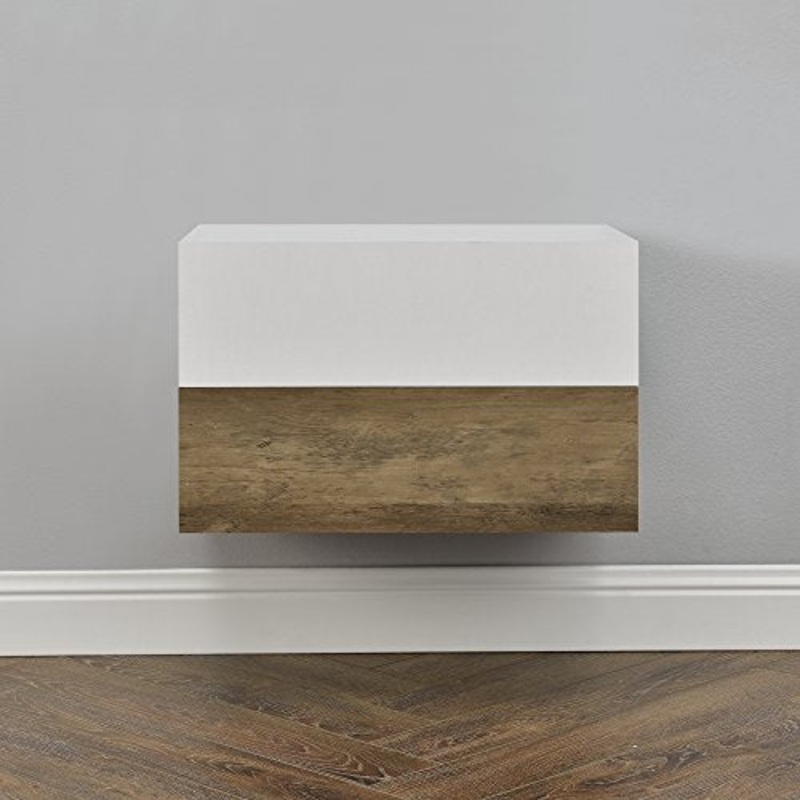 2 x Mensola da parete con cassetto – Bianco opaco/effetto legno – 46x30x15cm