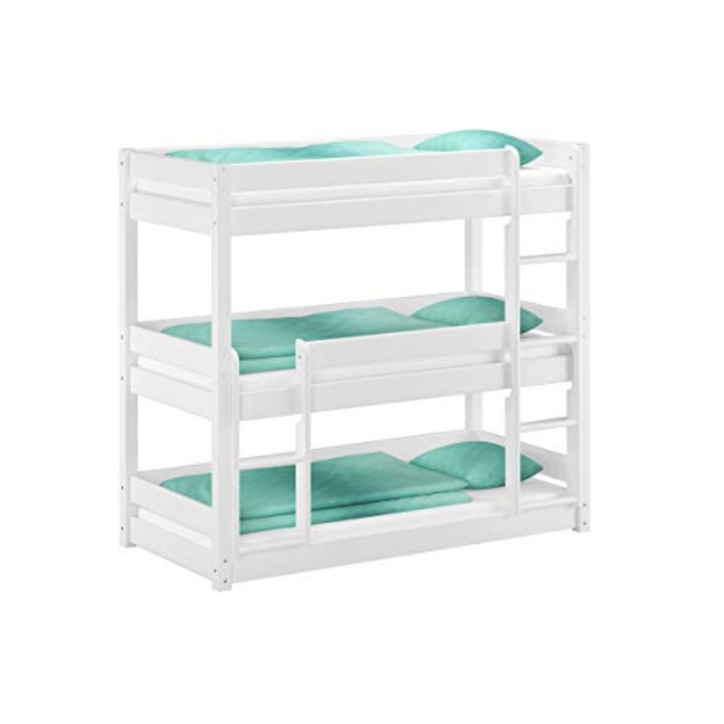 Erst-Holz Letto a Castello Triplo Bianco per Adulti 90×200 in Legno massello di Pino V-60.03-09W, Accessori:Doghe in Assi di Legno rigide incl.
