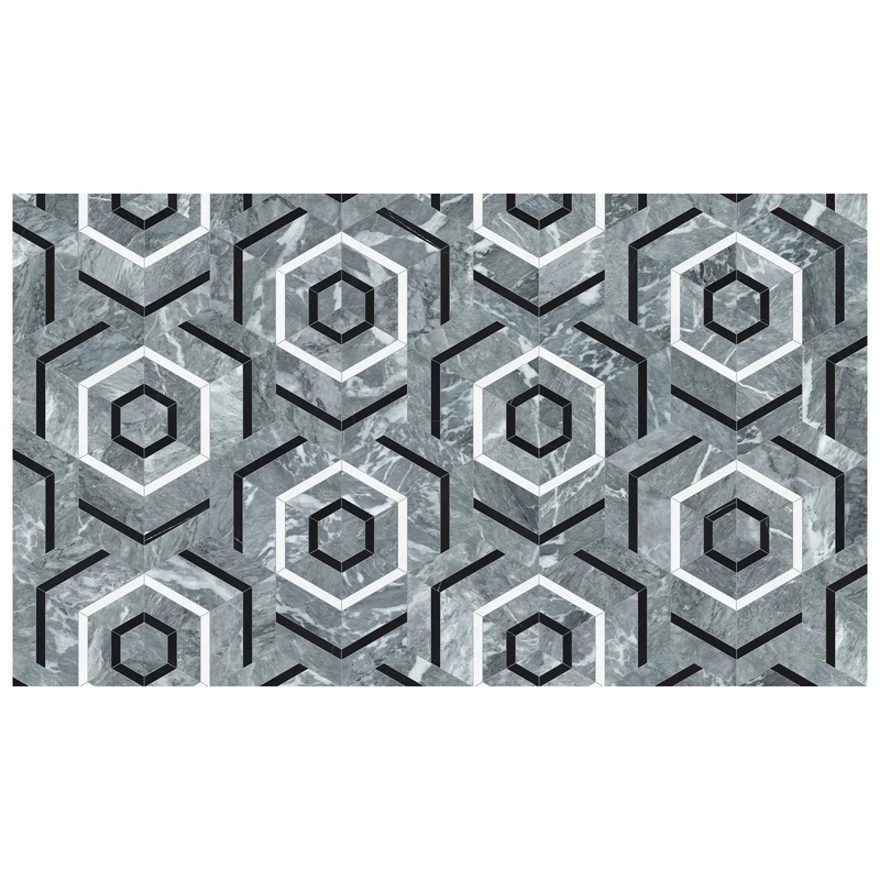 Utopio Hexo Monochromo Honed W/ Polished Accents Natural Stone Waterjet Mosaic