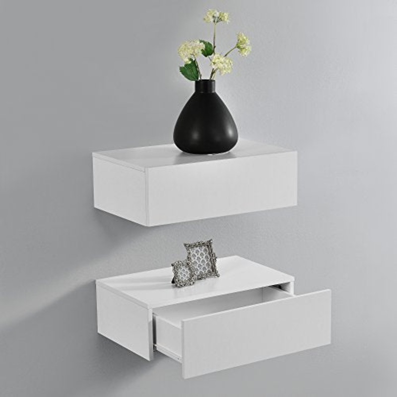 2 x Mensola da Parete con cassetto – Bianco Opaco – 46x30x15cm