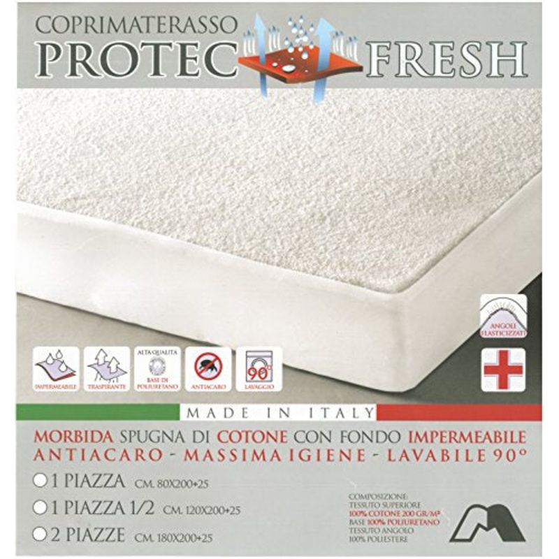 COPRIMATERASSO IMPERMEABILE PROTEC FRESH ANTIACARO CON ANGOLI LAVABILE A 90 SINGOLO