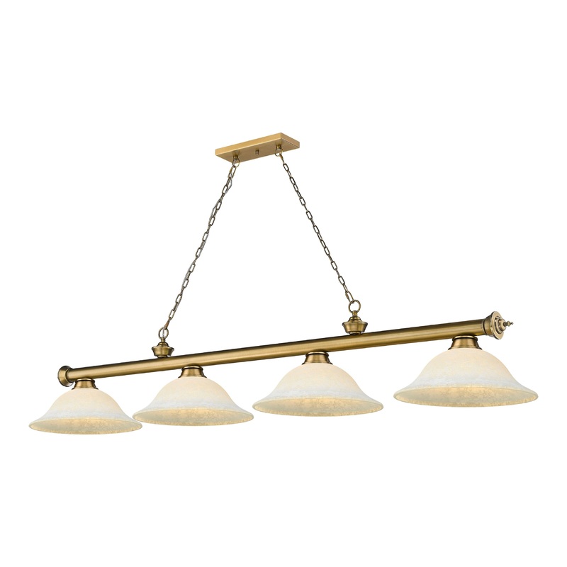 Cordon 4-Light Billiard Rubbed Brass Bell White Mottle Glass