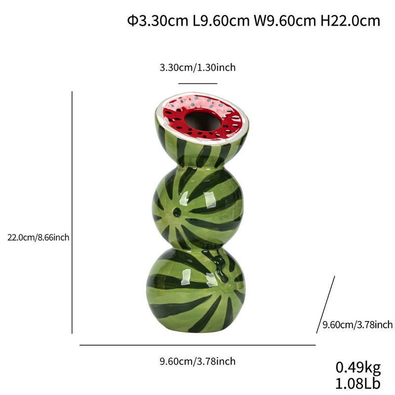 Green and Red Whimsical Stacked Watermelon Ceramic Vase – Novelty Tabletop Decor