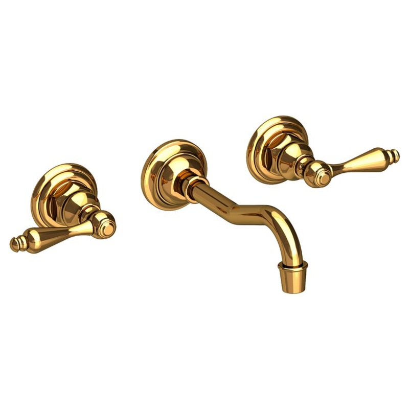 Lavatory Faucet Chesterfield Wall Mount 8 Inch Spread 2 Lever ADA WaterSense Polished Gold PVD 1.2 Gallons Per Minute Brass Less Drain Spout Reach 7-1/4 Inch