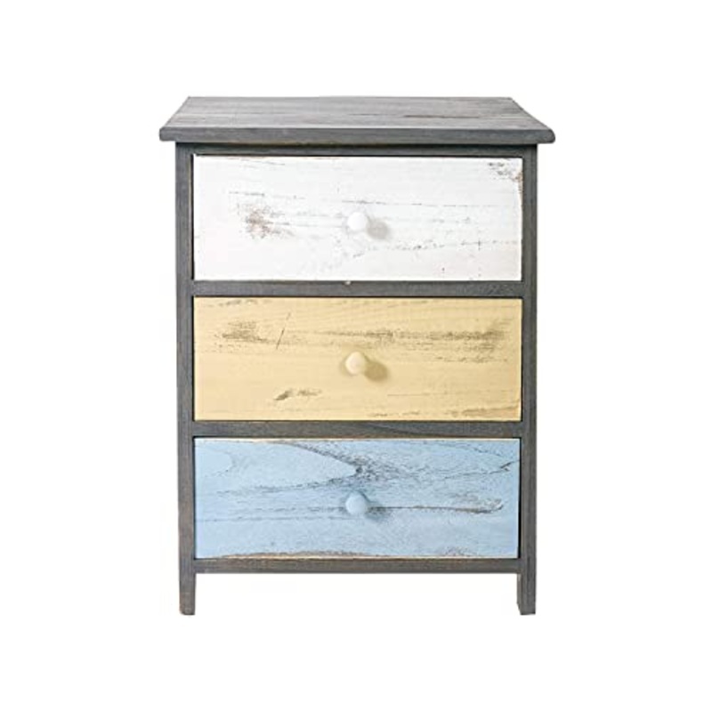 Rebecca Mobili Comodino vintage, cassettiera con 3 cassetti, legno paulownia, grigio beige blu, camera salotto – Misure: 56 x 40 x 29 cm (HxLxP) – Art. RE4883