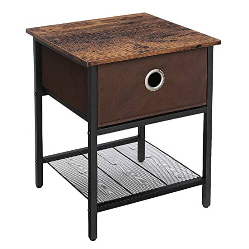 VASAGLE Tavolino da Salotto, Comodino con Cassetto in Tessuto, Struttura Resistente in Acciaio, Soggiorno Camera da Letto, Assemblaggio Semplice, Marrone Vintage e Nero