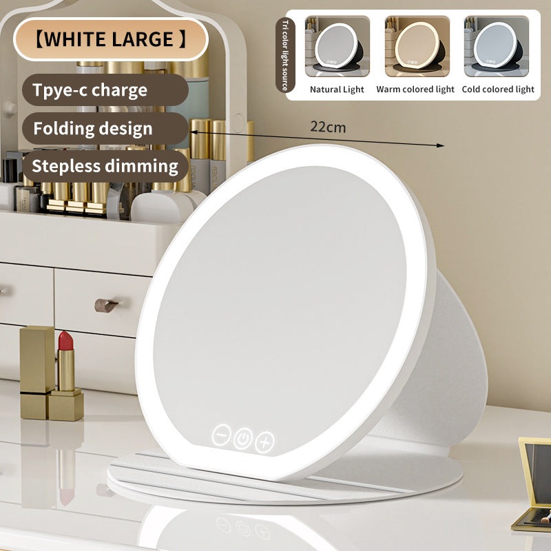 White Large Round Foldable LED Makeup Mirror – 22cm Desktop Vanity with 3 Color Lights & Stepless Dimming