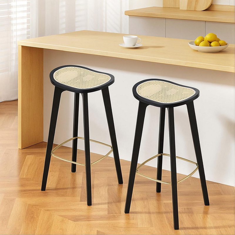 Artiss 2x Bar Stools Rattan Counter Kitchen Dinning Chair Bamboo Saddle Black