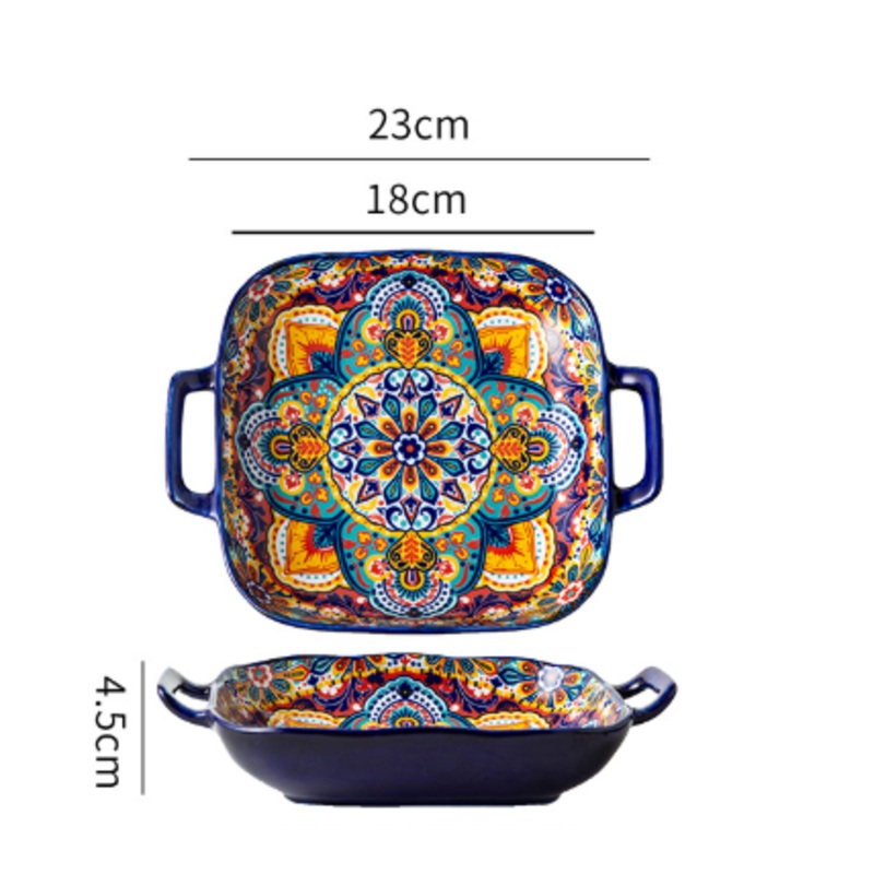 Kalia 9-Inch Bohemian Ceramic Double-Handled Square Plate