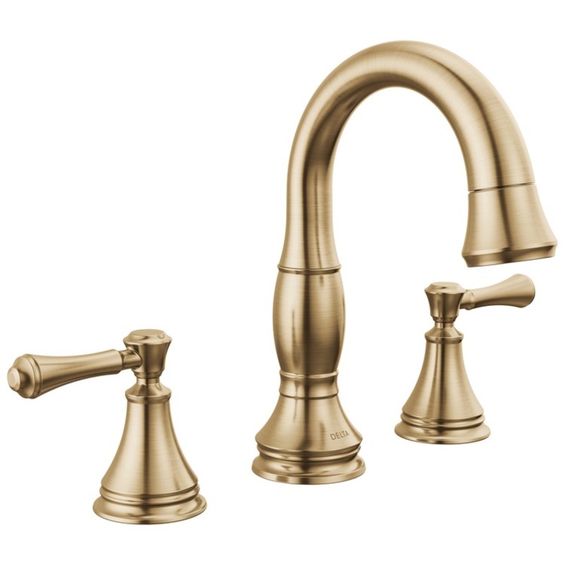 Lavatory Faucet Cassidy Widespread 4-16 Inch Spread 2 Lever ADA WaterSense Brilliance Champagne Bronze Pull Down 1.2 Gallons per Minute
