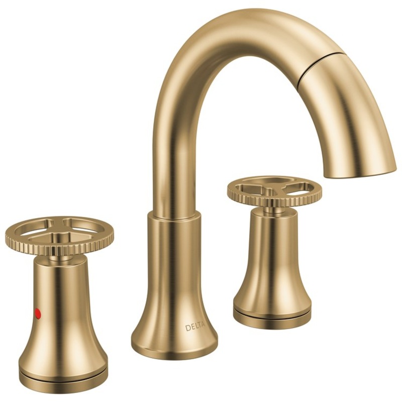 Lavatory Faucet Trinsic Widespread 4-16 Inch Spread 2 Wheel ADA WaterSense/CALGreen Champagne Bronze 1.2 Gallons per Minute Deck Mount Metal Pop-Up Drain 3 Hole MagnaTite Docking