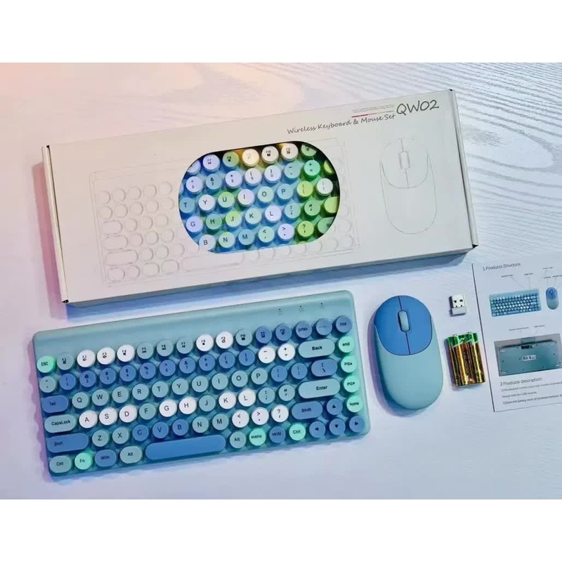Wireless Keyboard & Mouse Combo – Retro Round Keycaps, 2.4GHz Ergonomic Design(blue)